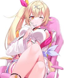 Rule 34 | 1girl, ahoge, bare shoulders, blonde hair, blue nails, blue shorts, breasts, chair, commentary request, crossed legs, feet out of frame, hair intakes, hair ornament, hair ribbon, hairclip, hand up, highres, hood, hood down, hooded jacket, hoshikawa sara, hoshikawa sara (1st costume), jacket, knee up, kuhotaka, long hair, long sleeves, medium breasts, nail polish, nijisanji, office chair, on chair, open clothes, open jacket, orange ribbon, purple ribbon, ribbon, short shorts, shorts, side ponytail, simple background, solo, swivel chair, v, very long hair, virtual youtuber, white background, white jacket, wide sleeves, x hair ornament