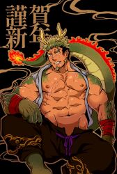 Rule 34 | 1boy, abs, antlers, bara, bare pectorals, black hair, chinese zodiac, claws, dark-skinned male, dark skin, dragon boy, dragon horns, dragon tail, feet out of frame, flame-tipped tail, flee ad, green hair, grin, highres, horns, large pectorals, looking at viewer, male focus, mature male, multicolored hair, muscular, muscular male, navel, nipples, original, pectorals, scales, scar, scar on face, scar on mouth, smile, solo, spread legs, stomach, tail, thick eyebrows, two-tone hair, year of the dragon