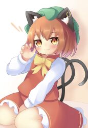 Rule 34 | 1girl, :3, animal ear fluff, animal ear piercing, animal ears, between legs, blush, bow, bowtie, brown eyes, brown hair, cat ears, cat tail, chen, claw pose, closed mouth, commentary request, earrings, fang, fang out, flat chest, frills, green hat, hand between legs, hand up, hat, highres, jewelry, koruk700, long sleeves, looking at viewer, mob cap, multiple tails, nekomata, petticoat, pink background, puffy long sleeves, puffy sleeves, red skirt, red vest, short hair, simple background, single earring, sitting, skirt, skirt set, solo, tail, touhou, two tails, vest, wariza, white background, yellow bow, yellow bowtie