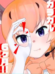 Rule 34 | 1girl, absurdres, animal costume, animal ear fluff, animal ears, bare shoulders, blue eyes, bow, bowtie, caracal (kemono friends), caracal ears, elbow gloves, extra ears, gloves, highres, kemono friends, kemono friends v project, long hair, looking at viewer, microphone, mosumosues, multicolored hair, orange hair, shirt, simple background, sleeveless, sleeveless shirt, solo, tongue, virtual youtuber