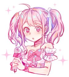 Rule 34 | 1girl, :o, ahoge, bang dream!, bare shoulders, bow, bowtie, choker, cropped torso, detached sleeves, hair ribbon, here (artist), holding, holding microphone, looking at viewer, maruyama aya, microphone, pink bow, pink bowtie, pink choker, pink eyes, pink hair, ribbon, sidelocks, solo, sparkle, twintails, upper body, white ribbon, wrist bow
