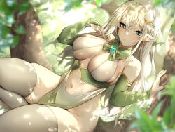 Rule 34 | 1girl, aqua eyes, bare shoulders, braid, branch, breasts, cleavage, collar, danimaru, dappled sunlight, detached sleeves, elbow gloves, elf, forest, gloves, green eyes, green nails, highres, in tree, large breasts, looking at viewer, nail polish, nature, navel, no panties, original, pelvic curtain, pointy ears, sitting, sitting in tree, skindentation, solo, sunlight, thick thighs, thighhighs, thighs, tree, white hair, white thighhighs