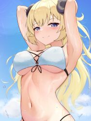 Rule 34 | 1girl, absurdres, animal ears, armpit crease, armpits, arms behind head, arms up, bikini, blonde hair, blush, breasts, cleavage, commentary, curled horns, english commentary, front-tie top, highres, hololive, horns, large breasts, long hair, looking at viewer, navel, purple eyes, sheep girl, sheep horns, smile, solo, swimsuit, telomere, tsunomaki watame, underboob, virtual youtuber, white bikini