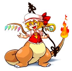 Rule 34 | 1girl, ascot, blonde hair, buttons, charizard, collared shirt, creatures (company), crossover, fire, flandre scarlet, full body, game freak, gen 1 pokemon, hat, hat ribbon, highres, holding, holding polearm, holding weapon, laevatein (touhou), medium hair, mob cap, multicolored wings, nazotyu, nintendo, one side up, pointy ears, pokemon, polearm, puffy short sleeves, puffy sleeves, red eyes, red ribbon, red vest, ribbon, shirt, short sleeves, simple background, solo, touhou, v-shaped eyebrows, vest, weapon, white background, white hat, white shirt, wings, yellow ascot