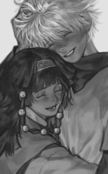 Rule 34 | 1boy, 1other, :d, alluka zoldyck, arm up, blurry, brothers, closed eyes, depth of field, grey background, greyscale, hair between eyes, hair ornament, hairband, hand in own hair, hand on own head, happy, hug, hunter x hunter, japanese clothes, killua zoldyck, layered sleeves, long hair, long sleeves, messy hair, monochrome, multi-tied hair, open mouth, parted bangs, parted lips, short hair, short over long sleeves, short sleeves, siblings, simple background, smile, teeth, umi (k mpk), upper body