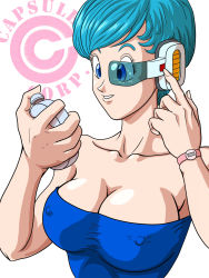 Rule 34 | 1girl, aqua hair, bare arms, bare shoulders, blue eyes, blue tube top, breasts, bulma, capsule corp, cleavage, collarbone, covered erect nipples, dragon ball, dragon radar, dragonball z, female focus, highres, large breasts, looking at object, neck, nipples, parted lips, radar, scouter, shiny skin, short hair, simple background, smile, solo, standing, strapless, thomas55, tube top, upper body, visor, watch, white background, wristwatch