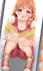 Rule 34 | 1girl, :d, braid, breasts, breath, cameltoe, cleavage, clover hair ornament, collarbone, hair ornament, hands on own knees, komone ushio, looking at viewer, love live!, love live! school idol festival, love live! sunshine!!, mirror, off-shoulder shirt, off shoulder, open mouth, orange hair, red eyes, red footwear, red shorts, red tank top, scrunchie, shirt, shoes, shorts, side braid, smile, sneakers, socks, solo, squatting, sweat, takami chika, tank top, white scrunchie, wristband, yellow shirt, yellow socks