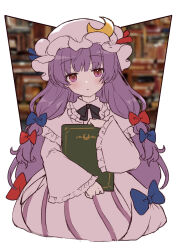 Rule 34 | 1girl, ahase hino, blue bow, blurry, blurry background, book, bow, closed eyes, closed mouth, commentary request, crescent, crescent pin, hair bow, highres, holding, holding book, long hair, long sleeves, looking at viewer, patchouli knowledge, purple eyes, purple hair, purple headwear, red bow, solo, touhou