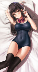 Rule 34 | 1girl, arm behind head, black hair, black one-piece swimsuit, black thighhighs, blush, bow, bowtie, breasts, brown eyes, commentary request, competition school swimsuit, covered navel, feet out of frame, highres, long hair, lying, medium breasts, one-piece swimsuit, original, pillow, red bow, red bowtie, school swimsuit, smile, solo, striped bow, striped bowtie, striped clothes, swimsuit, thighhighs, yukemuriganmo