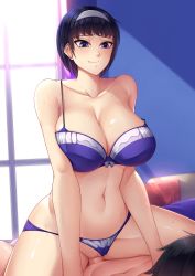 Rule 34 | 1boy, 1girl, absurdres, bad id, bad pixiv id, black hair, bow, bow bra, bra, breasts, closed mouth, clothed sex, clothing aside, collarbone, cowgirl position, girl on top, hairband, hetero, highres, huge breasts, indoors, looking at another, navel, original, panties, panties aside, penis, pillow, purple bra, purple eyes, purple panties, pussy, sex, short hair, solo focus, spaghetti strap, straddling, strap slip, sweat, uncensored, underwear, underwear only, vaginal, wavy mouth, white hairband, window, yugo (yugotme97)
