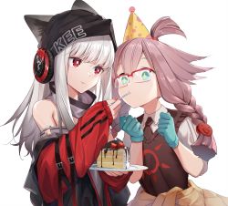 Rule 34 | 2girls, am1m, animal ears, arknights, bare shoulders, black headwear, black vest, blue gloves, cake, commentary, feeding, food, fox ears, frostleaf (arknights), glasses, gloves, grey shirt, hat, highres, holding, holding plate, jacket, long hair, long sleeves, looking at viewer, may (arknights), multiple girls, off-shoulder shirt, off shoulder, party hat, plate, red eyes, red jacket, shirt, silver hair, simple background, smile, sweater vest, upper body, vest, white background