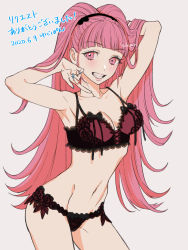 Rule 34 | 1girl, 2020, armpits, artist name, blue nails, blunt bangs, bra, breasts, cleavage, commission, cowboy shot, dated, female focus, fire emblem, fire emblem: three houses, frilled bra, frilled panties, frills, grey background, grin, highres, hilda valentine goneril, lingerie, long hair, matching hair/eyes, nail polish, navel, nintendo, panties, pink eyes, pink hair, ponytail, simple background, smile, solo, standing, stomach, underwear, underwear only, yudepan (yuri no sugata)