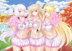 Rule 34 | 3girls, :d, ;d, ahoge, anchor, autumn, azur lane, bare arms, blonde hair, blue eyes, blue sky, braid, braided bun, breasts, brown hair, building, cheerleader, chenche-jun, cloud, collarbone, commentary request, crop top, day, double bun, flag, formidable (azur lane), hair bun, hair ribbon, hands on own chest, hands up, highres, holding, holding pom poms, illustrious (azur lane), large breasts, laurel crown, logo, long hair, looking at viewer, midriff, miniskirt, mole, mole under eye, multiple girls, navel, one eye closed, open mouth, outdoors, pleated skirt, pom pom (cheerleading), pom poms, purple eyes, red eyes, revision, ribbon, sailor collar, shirt, side-by-side, single hair bun, skirt, sky, sleeveless, sleeveless shirt, smile, standing, stomach, tree, very long hair, victorious (azur lane), white hair, white shirt, white skirt