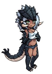Rule 34 | 1girl, akantor, animal hands, breasts, chibi, dark-skinned female, dark skin, dragon tail, green eyes, groin, midriff, monorus, monster hunter (series), navel, personification, scales, short hair, short shorts, shorts, silver hair, simple background, slit pupils, solo, tail, tank top, white background