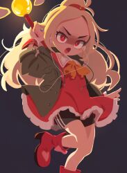 Rule 34 | 1girl, angry, black background, black shorts, blonde hair, boots, dress, forehead, frilled dress, frills, full body, headphones, highres, jacket, long hair, long sleeves, open mouth, original, red dress, red eyes, red footwear, shorts, solo, takarai shunsuke, very long hair, wand