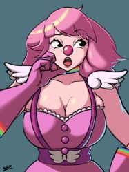 Rule 34 | 1girl, absurdres, ace attorney, black eyes, breasts, cleavage cutout, clothing cutout, clown girl, clown nose, female focus, geiru toneido, gloves, hand on own face, high heels, highres, large breasts, lipstick, long hair, looking to the side, makeup, multicolored clothes, pink hair, remembering, sideboob, skirt, solo, suspender skirt, suspenders