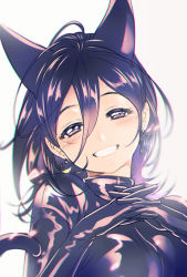 Rule 34 | 1girl, animal ears, blush, cat ears, cat tail, chromatic aberration, crescent, crescent earrings, earrings, face, gloves, grin, hair between eyes, head tilt, interlocked fingers, jewelry, kaze-hime, looking at viewer, original, purple eyes, purple hair, short hair, simple background, smile, solo, tail, white background