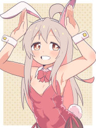 Rule 34 | 1girl, ahoge, animal ears, armpits, arms up, bare arms, bare shoulders, black pantyhose, blush, bow, bowtie, brown eyes, colored inner hair, commentary, detached collar, fake animal ears, fake tail, flat chest, genderswap, genderswap (mtf), grey hair, grin, hairband, highres, leotard, long hair, looking at viewer, multicolored hair, namari siro, onii-chan wa oshimai!, oyama mahiro, pantyhose, pink hair, playboy bunny, rabbit ears, rabbit pose, rabbit tail, red bow, red bowtie, red leotard, side-tie leotard, simple background, smile, solo, strapless, strapless leotard, tail, two-tone hair, upper body, white hairband, wrist cuffs