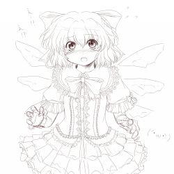 Rule 34 | alternate costume, bad id, bad pixiv id, blush, bow, cirno, embarrassed, frills, greyscale, hair bow, kakkou, lace, lineart, monochrome, skirt, solo, touhou