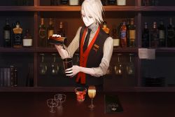Rule 34 | 1boy, alcohol, alternate costume, bar (place), bartender, bishounen, black necktie, black vest, blue eyes, book, closed mouth, commentary, cowboy shot, cup, dress shirt, drinking glass, earrings, eyes visible through hair, fate/extella, fate/extella link, fate/extra, fate (series), hair between eyes, heterochromia, holding, holding cup, jewelry, jio (indozoa f), karna (fate), male focus, multicolored clothes, name tag, necktie, note, pale skin, pinstripe pattern, plate, pouring, red eyes, red vest, shelf, shirt, short hair, sleeves rolled up, solo, striped, vest, white hair, white shirt, wine glass