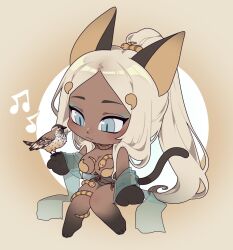 Rule 34 | 1girl, animal ears, bad source, barefoot, beamed sixteenth notes, bird, blonde hair, blue eyes, blush, breasts, cat ears, cat tail, chibi, eighth note, high ponytail, jewelry, large breasts, long hair, makeup, musical note, oasis (seeslugs), original, ponytail, seeslugs, sparrow, tail