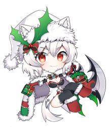 Rule 34 | alternate costume, animal ears, bell, black legwear, bow, cape, chibi, christmas, christmas ornaments, christmas present, closed mouth, commentary request, eyelashes, feathers, fur-trimmed headwear, fur cape, fur trim, gift, hat, highres, inubashiri momiji, midriff, navel, neck bell, pom pom (clothes), red eyes, red footwear, ribbon, santa hat, short hair, simple background, taeminhyeon, tail, touhou, white background, white cape, white hair, white hat, wolf ears, wolf tail