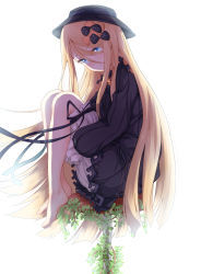 Rule 34 | 1girl, abigail williams (fate), barefoot, black bow, black dress, black hat, blonde hair, bloomers, blue eyes, bow, closed mouth, dress, eyes visible through hair, fate/grand order, fate (series), from side, hair between eyes, hair bow, hat, head tilt, highres, hugging own legs, kaname game etc, long hair, long sleeves, looking at viewer, looking to the side, orange bow, parted bangs, polka dot, polka dot bow, simple background, sitting, sleeves past wrists, solo, stool, underwear, very long hair, white background, white bloomers