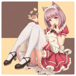 Rule 34 | 1girl, animal ear fluff, animal ears, apron, black footwear, brown eyes, brown hair, cat ears, cat tail, cookie, eating, food, frilled apron, frills, full body, knees together feet apart, looking at viewer, maid apron, maid headdress, open mouth, original, outline, outside border, panties, pantyshot, puffy short sleeves, puffy sleeves, sasaame, shoes, short hair, short sleeves, sitting, solo, tail, thighhighs, thumbprint cookie, underwear, white thighhighs