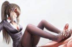 Rule 34 | &gt;:), 1boy, 1girl, black pantyhose, black skirt, breasts, censored, chabashira sae, cleavage, clothed female nude male, cum, cum on body, cum on feet, cum on lower body, feet, footjob, formal, ginhaha, grey hair, hair ornament, hair scrunchie, hairclip, hetero, long hair, long sleeves, medium breasts, mosaic censoring, no shoes, nude, office lady, pantyhose, parted lips, penis, ponytail, scrunchie, sidelocks, skirt, skirt suit, smile, solo focus, suit, toes, v-shaped eyebrows, yellow eyes, youkoso jitsuryoku shijou shugi no kyoushitsu e