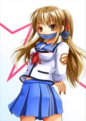 Rule 34 | 10s, 1girl, angel beats!, blonde hair, breasts, brown eyes, cloth gag, female focus, gag, gagged, gradient background, highres, improvised gag, over the mouth gag, school uniform, skirt, solo, uniform, white background, yusa (angel beats!)