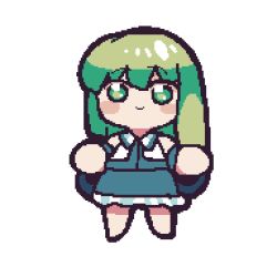 Rule 34 | 1girl, animated, animated gif, blue shirt, blue skirt, blush, bras d&#039;honneur, chibi, closed mouth, collared vest, commentary request, detached sleeves, full body, green eyes, green hair, hair between eyes, highres, kochiya sanae, long hair, looking at viewer, looping animation, mageres, meme, open clothes, open mouth, open vest, pixel art, shirt, simple background, skirt, smile, smug, solo, sunburst, sunburst background, tonchamon san, touhou, vest, white background, white sleeves, white vest, zettai yurusanae