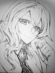 Rule 34 | 1girl, ascot, cigarette, closed mouth, greyscale, highres, holding, holding cigarette, looking at viewer, medium hair, monochrome, nail polish, aged up, portrait, remilia scarlet, shukusuri, slit pupils, smile, solo, touhou, traditional media, upper body