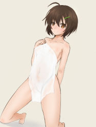 Rule 34 | 10s, 1girl, ahoge, animal ears, brave witches, brown eyes, brown hair, cat ears, covering privates, karibuchi hikari, kneeling, naked towel, nude cover, pyuu (the last assassins), see-through, sketch, smile, solo, strike witches, towel, white background, world witches series