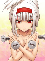 Rule 34 | 1girl, ajimu najimi, breasts, collarbone, covering privates, covering breasts, diisuke, female focus, gradient background, hair up, hairband, highres, medaka box, red eyes, screw, smile, solo, sweat, topless, topless frame, white hair
