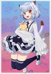Rule 34 | 0 0, 1girl, :3, :d, absurdres, animal ear fluff, animal ears, arisugawa etona, blue background, blue eyes, blue ribbon, blue skirt, blue thighhighs, border, bow, cat ears, cat girl, chibi, chibi inset, collar, collared shirt, dated, fang, frilled collar, frilled skirt, frills, gradient background, hair bow, heart, heterochromia, high heels, highres, indie virtual youtuber, jh0nalt, jumping, long sleeves, neck ribbon, open mouth, pink background, puffy long sleeves, puffy sleeves, red eyes, ribbon, shirt, short hair, sideways glance, signature, skin fang, skirt, sleeves past fingers, sleeves past wrists, smile, suspender skirt, suspenders, tail raised, thighhighs, thighs, tiger, tyler (arisugawa etona), virtual youtuber, white border, white bow, white footwear, white hair, white shirt, wing collar, yellow bow, youtube logo, zettai ryouiki