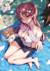 Rule 34 | 1girl, alcohol, bad id, bad yandere id, bare legs, barefoot, beer, blurry, blurry background, blush, bra, bra peek, bra visible through clothes, bracelet, breasts, brown hair, cherry blossoms, cleavage, comic exe, covered erect nipples, cupless bra, depth of field, drunk, earrings, fingernails, from above, green eyes, half updo, halterneck, highres, jewelry, lace, lace-trimmed bra, lace trim, long fingernails, long hair, looking at viewer, medium breasts, nipples, original, parted bangs, partially unbuttoned, pencil skirt, petals, piromizu, see-through, shoes, unworn shoes, side slit, sitting, skirt, solo, stud earrings, underwear, yokozuwari