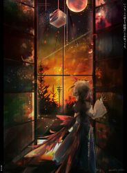 Rule 34 | 1girl, ahoge, arm at side, bird wings, black skirt, black vest, book, bookshelf, cloud, commentary, cube, dated, dusk, feathered wings, frilled skirt, frills, from behind, grey hair, hand up, head wings, highres, long skirt, long sleeves, orb, pillarboxed, red wings, shirt, short hair, skirt, skirt set, sky, solo, tokiko (touhou), touhou, translated, tree, twitter username, utility pole, vest, white shirt, wide sleeves, window, wings, yatagarasu yugoro