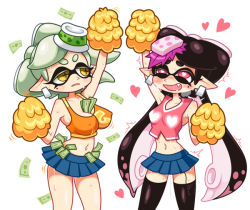 Rule 34 | + +, 2girls, callie (splatoon), arm up, between breasts, black legwear, blue skirt, breasts, cheerleader, cleavage, collarbone, crop top, cropped legs, covered erect nipples, fang, food, food on head, heart, heart-shaped pupils, holding, marie (splatoon), looking at another, miniskirt, mole, money, multiple girls, navel, nintendo, object on head, pink shirt, pleated skirt, pointy ears, pom pom (cheerleading), shirt, skirt, smile, splatoon (series), stomach, sweat, symbol-shaped pupils, tank top, tentacle hair, thighhighs, yellow eyes, yellow shirt, yuta agc