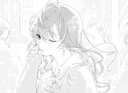 Rule 34 | 1girl, 3others, ahoge, bow, bowtie, cardigan, classroom, collared shirt, expressionless, greyscale, head rest, ichinose shiki, idolmaster, idolmaster cinderella girls, indoors, long hair, looking at viewer, loose bowtie, monochrome, multiple others, nininiwa2, one eye closed, shirt, sketch, solo focus, sparkle, wavy hair