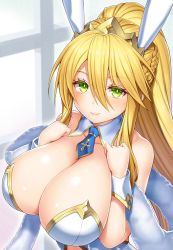 Rule 34 | 1girl, animal ears, artoria pendragon (all), artoria pendragon (fate), artoria pendragon (swimsuit ruler) (fate), asamura hiori, bare shoulders, blonde hair, blue neckwear, blush, braid, breasts, cleavage, closed mouth, commentary request, detached collar, fake animal ears, fate/grand order, fate (series), feather boa, french braid, green eyes, hair between eyes, hands on own chest, highres, huge breasts, large breasts, leotard, long hair, looking at viewer, playboy bunny, ponytail, rabbit ears, revision, sidelocks, smile, solo, tiara, upper body, white leotard, wrist cuffs