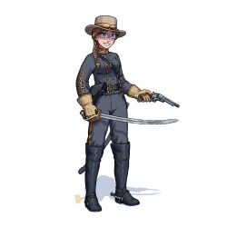 Rule 34 | 1girl, absurdres, american civil war, belt, black footwear, blonde hair, blue eyes, blush, boots, braid, braided ponytail, buttons, cavalry sword, commentary, confederate states of america, full body, gloves, gold trim, grey jacket, grey pants, gun, hair over shoulder, handgun, hat, highres, holding, holding gun, holding sword, holding weapon, holster, jacket, long hair, long sleeves, looking at viewer, military, military hat, military uniform, original, ostwindprojekt, pants, revolver, saber (weapon), scabbard, shadow, sheath, simple background, single braid, smile, solo, spurs, standing, sword, teeth, uniform, unsheathed, weapon, weapon request, white background, yellow gloves