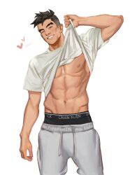 Rule 34 | 1boy, abs, alleveolive, black hair, black male underwear, calvin klein, clothes lift, craig cahn, dream daddy: a dad dating simulator, grey pants, heart, highres, lifted by self, male focus, male underwear, muscular, muscular male, navel, nipples, one eye closed, pants, shirt, shirt lift, short hair, short sleeves, smile, solo, standing, thick eyebrows, underwear, white background, white shirt