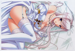 Rule 34 | 1girl, absurdres, areola slip, blue eyes, breasts, charlotte hazellink, cleavage, covered erect nipples, crown, dress, garter belt, garter straps, highres, jewelry, komori kei, lace, lace-trimmed legwear, lace trim, large breasts, light purple hair, long hair, lying, necklace, on side, panties, princess lover, solo, thighhighs, underwear, very long hair, wedding dress, white panties