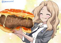 Rule 34 | 10s, 1girl, :t, black necktie, blazer, blonde hair, burger, cheese, closed eyes, closed mouth, commentary request, dress shirt, eating, emblem, food, food on face, girls und panzer, grey jacket, hair intakes, highres, holding, holding food, jacket, kay (girls und panzer), long hair, long sleeves, necktie, one-hour drawing challenge, oversized food, oversized object, pizza, saunders school uniform, school uniform, shiina excel, shirt, sketch, smile, solo, standing, star (symbol), twitter username, upper body, white shirt, wing collar