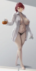 Rule 34 | 1girl, areola slip, bare legs, barefoot, black panties, blush, breasts, breasts apart, covered erect nipples, cup, dress shirt, full body, groin, highres, holding, holding cup, hongryeon (last origin), huge breasts, large breasts, last origin, looking at viewer, miyabinp, mole, mole under eye, naked shirt, navel, no bra, open clothes, open shirt, panties, purple eyes, red hair, shirt, solo, standing, teapot, thick thighs, thighs, toes, underwear, white shirt
