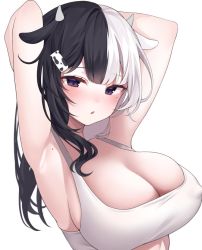 Rule 34 | 1girl, :o, animal ears, armpits, arms up, bad id, bad twitter id, black hair, blush, breasts, cleavage, covered erect nipples, cow ears, cow horns, crop top, horns, large breasts, long hair, looking at viewer, mole, mole on armpit, mole under eye, multicolored hair, original, plunging neckline, purple eyes, reel (riru), simple background, split-color hair, tank top, two-tone hair, upper body, white background, white hair, white tank top