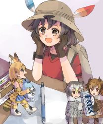Rule 34 | 10s, 4girls, animal ears, backpack, bag, black hair, blonde hair, blush, brown coat, brown eyes, brown gloves, brown hair, bucket hat, carrying, chibi, coat, desk, elbow gloves, eurasian eagle owl (kemono friends), fur collar, gloves, hat, hat feather, head wings, kaban (kemono friends), kemono friends, long sleeves, looking down, looking up, lucky beast (kemono friends), multicolored hair, multiple girls, nauka, northern white-faced owl (kemono friends), open mouth, owl ears, paper, pen, red shirt, serval (kemono friends), serval print, serval tail, shirt, short hair, silver coat, sleeveless, sleeveless shirt, smile, streaked hair, tail, two-tone hair, white hair, white shirt, wings