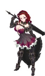 Rule 34 | 1girl, armor, armored boots, armored dress, bare shoulders, boots, breasts, choker, cleavage, dress, elva (sennen sensou aigis), full body, gauntlets, gochou (kedama), hairband, holding, holding weapon, huge breasts, long hair, looking at viewer, official art, parted lips, purple eyes, red eyes, red hair, sennen sensou aigis, shield, short dress, solo, standing, sword, transparent background, weapon, white background