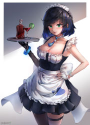 Rule 34 | 1girl, alcohol, alternate costume, apron, artist name, belt, black dress, black gloves, black hair, blue hair, bob cut, bracelet, braid, breasts, cleavage, closed mouth, diagonal bangs, dice, dress, elbow gloves, enmaided, fingerless gloves, genshin impact, glass, gloves, green eyes, hand on own hip, heart, heart print, highres, holding, holding tray, jewelry, large breasts, light smile, maid, maid apron, maid headdress, mole, mole on breast, multicolored hair, neck tassel, ohbuya, short hair, simple background, single elbow glove, single fingerless glove, sleeveless, sleeveless dress, solo, thigh belt, thigh strap, tray, two-tone hair, white gloves, yelan (genshin impact)
