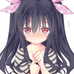Rule 34 | 10s, 1girl, 3:, black hair, blush, choujigen game neptune mk2, collarbone, flying sweatdrops, hair ribbon, long hair, looking at viewer, minagi, neptune (series), red eyes, ribbon, simple background, solo, twintails, two side up, uni (neptunia), upper body, white background